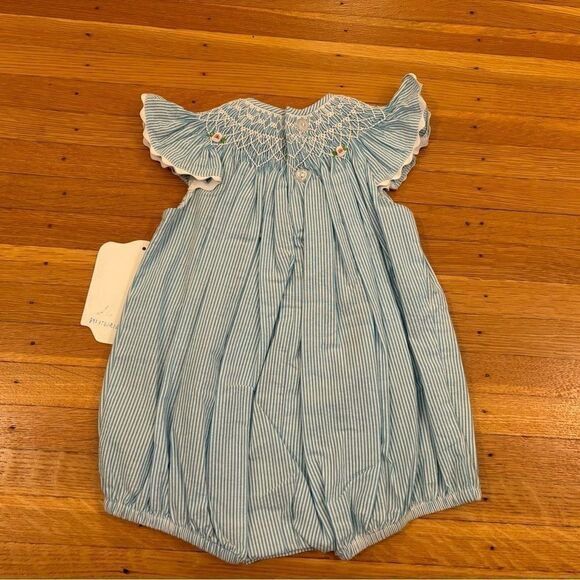 Smocked blue/white embroidered short sleeve stripe seersucker romper NWT - Picture 2 of 5
